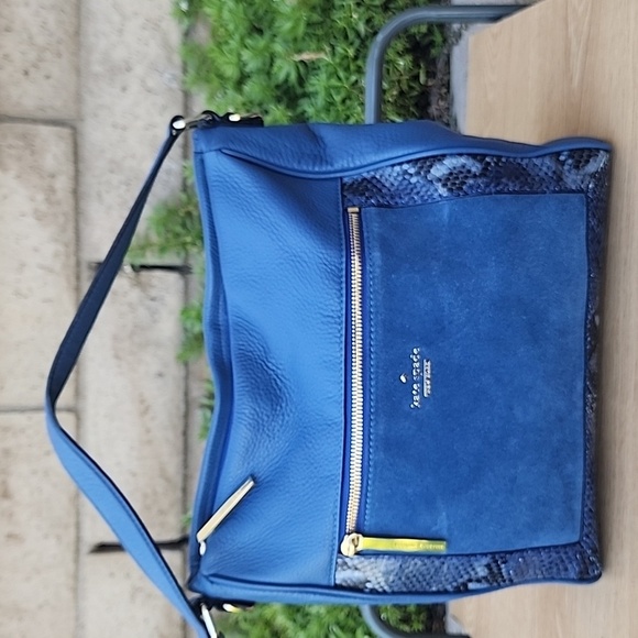 kate spade Handbags - KATE SPADE blue Pebble Leather Suede Snakeskin detail top handle satchel bag